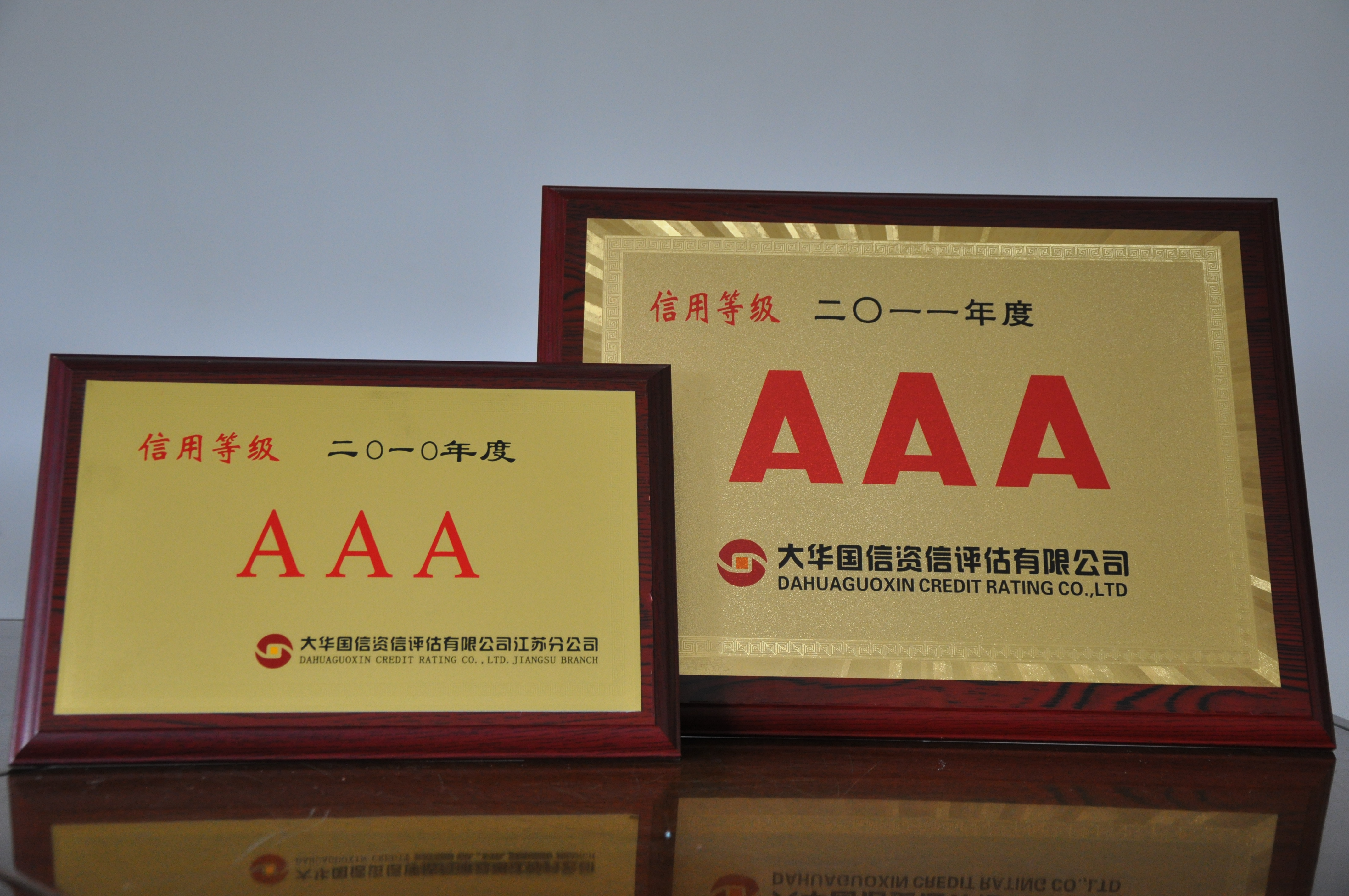 1996年至今連續(xù)15年獲得江蘇大華、遠東、東宇等國際評估機構(gòu)資信評估AAA信用等級